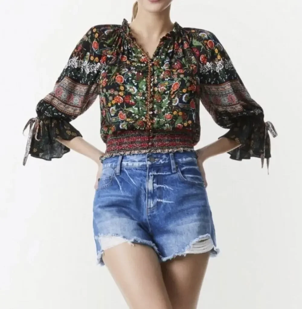 Alice + Olivia Kora Smocked Floral Peasant Top Ruffle Sleeve - Picture 1 of 7